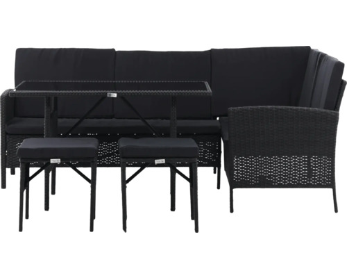 Trädgårdsmöbelset med hörnsoffa, bord och pallar för utomhusbruk