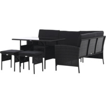 Trädgårdsmöbelset med bord, hörnsoffa, fåtölj och pallar