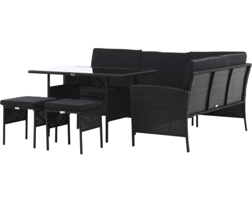 Trädgårdsmöbelset med bord, hörnsoffa, fåtölj och pallar