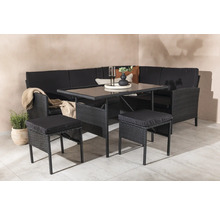 Trädgårdsmöbelset med hörnsoffa, bord och pallar i polyrotting