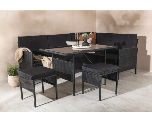 Trädgårdsmöbelset med hörnsoffa, bord och pallar i polyrotting