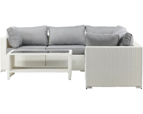 Lounggrupp i rotting med bord och grå kuddar