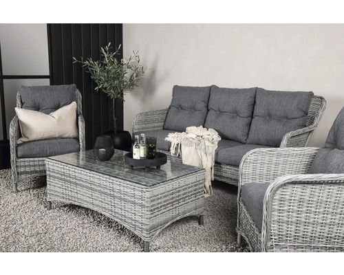 Utegrupp med soffa, fåtölj och bord med glasskiva