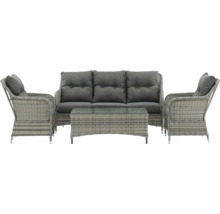 Trädgårdsmöbelset med soffa, två fåtöljer och ett bord med glasskiva