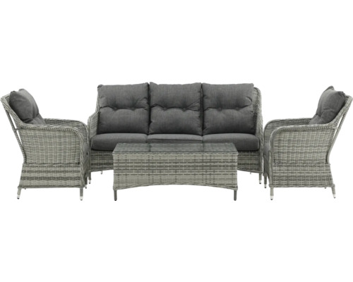 Trädgårdsmöbelset med soffa, två fåtöljer och ett bord med glasskiva