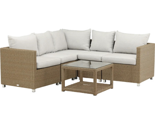 Trädgårdsmöbelset med rottingyta, dynor och glasbord