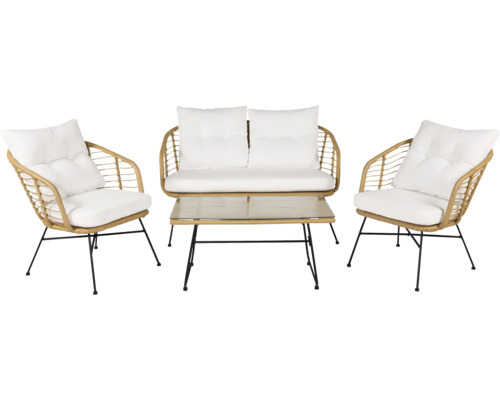 Trädgårdsmöbelset med två fåtöljer, en soffa och ett bord med glasskiva