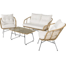 Trädgårdsmöbelset med soffa, två fåtöljer och bord med glasskiva