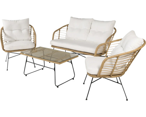 Trädgårdsmöbelset med soffa, två fåtöljer och bord med glasskiva