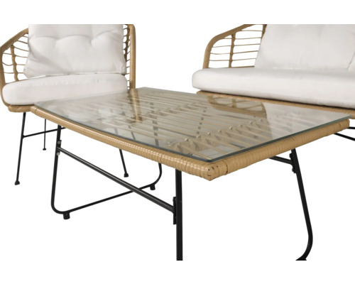 Trädgårdsbord med glasskiva, rottingram och svarta metallben