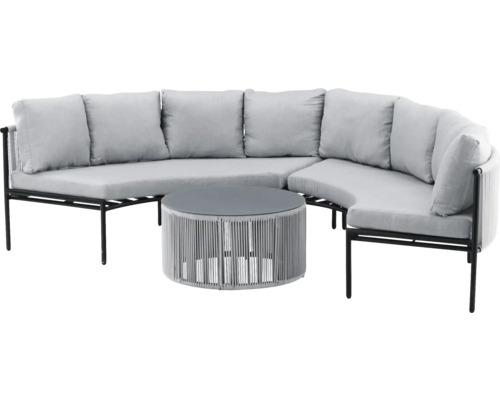 Trädgårdsmöbelset med soffa, kuddar och runt bord