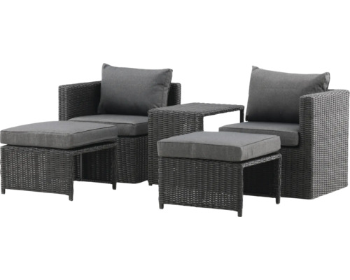 Trädgårdsmöbelset med två fåtöljer, pallar och ett bord