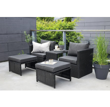 Utemöbelset med rottingfåtöljer, fotpallar och ett litet bord på en terrass