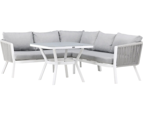 Trädgårdsmöbelset med hörnsoffa, bord och dynor