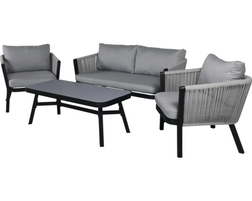 Utemöbelset bestående av soffa, fåtöljer och bord för utomhusbruk