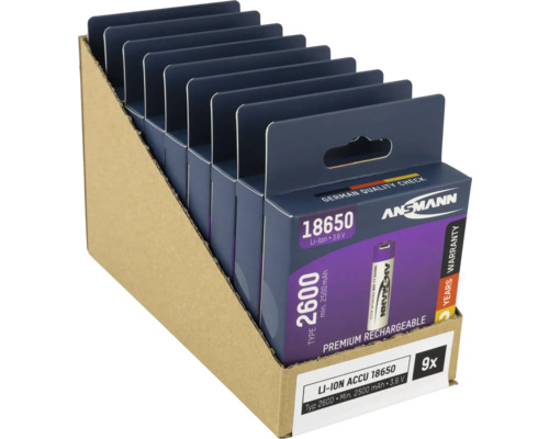 Nio Ansmann 18650 litiumjonbatterier, 3,6 volt, 2600 mAh i försäljningsförpackning