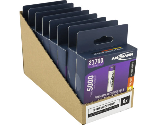 Åtta Ansmann 21700 litiumjonbatterier i försäljningsförpackning