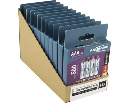 Tolv Ansmann AAA litiumjonbatterier i en kartongförpackning