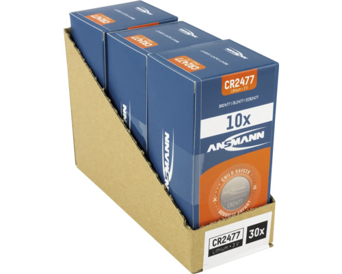 Vy av litiumknappceller CR2477, 30 stycken i en kartongförpackning