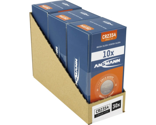 Visning av en display med 30 CR2354 litiumknappcellsbatterier från Ansmann