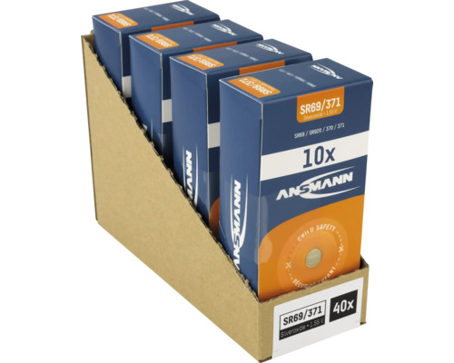 Visning av ett paket med 40 stycken Ansmann knappcellsbatterier SR69/371