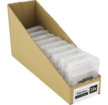 Tio transparenta batterilådor för fyra batterier i en kartong