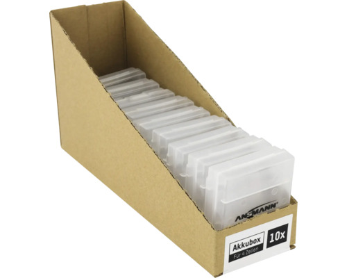 Tio transparenta batterilådor för fyra batterier i en kartong