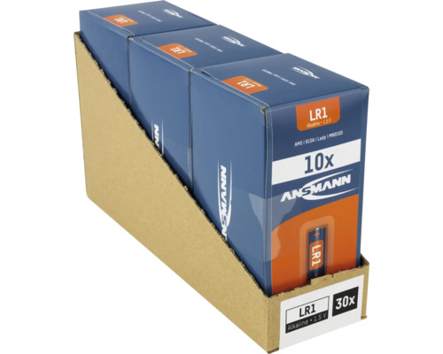 Förpackning med 30 Ansmann LR1 alkaliska batterier i försäljningsförpackning