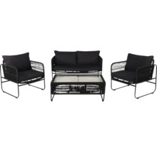 Trädgårdsmöbelset med två fåtöljer, en soffa och ett bord med glasskiva