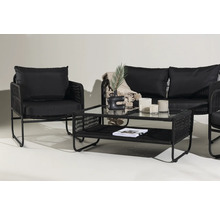 Trädgårdsmöbelset med soffa, fåtölj och bord med glasskiva