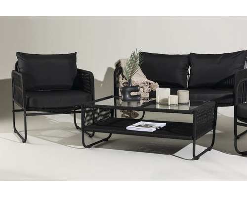 Trädgårdsmöbelset med soffa, fåtölj och bord med glasskiva