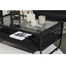 Trädgårdsbord med glasskiva, hylla och dekoration