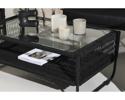 Trädgårdsbord med glasskiva, hylla och dekoration