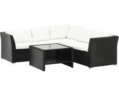 Trädgårdsloungegrupp med rottingsoffa och bord med glasskiva