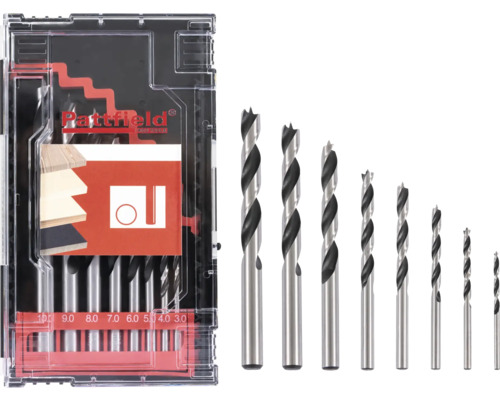 Träborrsats i transparent förvaringslåda