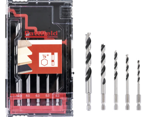 Träborrset PATTFIELD sexkant 4-10mm 5-delar Träborrsats med olika storlekar i plastlåda