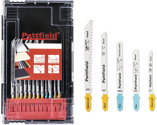 Sticksågblad PATTFIELD T-skaft trä sats 12-delar Pattfield sticksågsblad set för trä, rostfritt stål och metall i förvaringsväska
