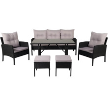 Trädgårdsmöbelset med soffa, fåtöljer, bord och pallar för utomhusbruk