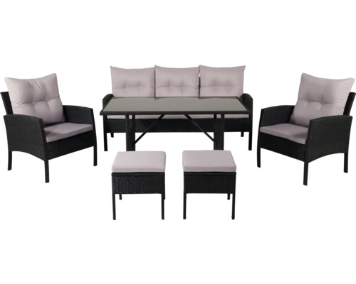 Trädgårdsmöbelset med soffa, fåtöljer, bord och pallar för utomhusbruk