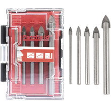 Pattfield glasborrsats med olika storlekar i transparent låda