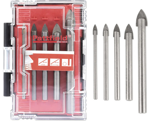 Pattfield glasborrsats med olika storlekar i transparent låda