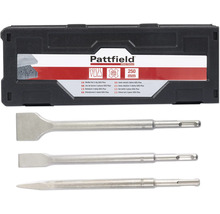 Pattfield mejselsats med tre SDS Plus-mejslar i en svart förvaringslåda