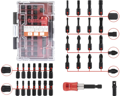 Bitsset PATTFIELD 32-delar Pattfield logotyp Bitssats med olika skruvmejselbitar och bitshållare