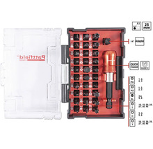 Pattfield bitsats med skruvmejsel och diverse bits i en transparent förvaringslåda