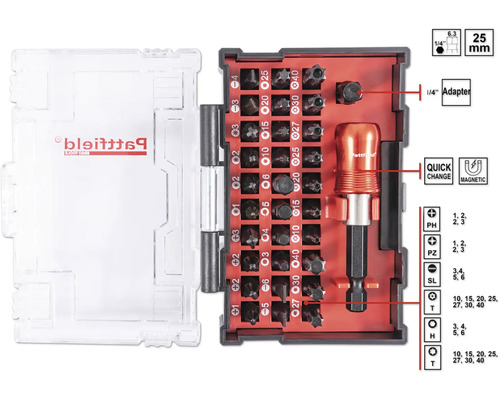 Pattfield bitsats med skruvmejsel och diverse bits i en transparent förvaringslåda