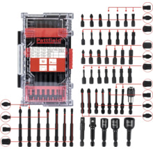 Pattfield logotyp. Sortiment med skruvmejselbitar i genomskinlig plastlåda