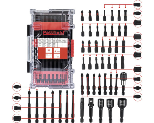 Skruvbitsset PATTFIELD S2 48-delar Pattfield logotyp. Sortiment med skruvmejselbitar i genomskinlig plastlåda