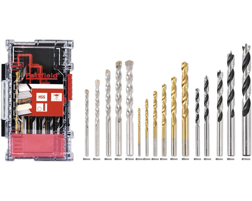Pattfield borrset med olika typer och storlekar av borrar i en transparent förvaringslåda