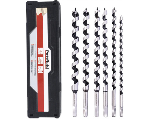 Pattfield borrskruvsats med sex delar och sexkantsfäste i en förvaringslåda