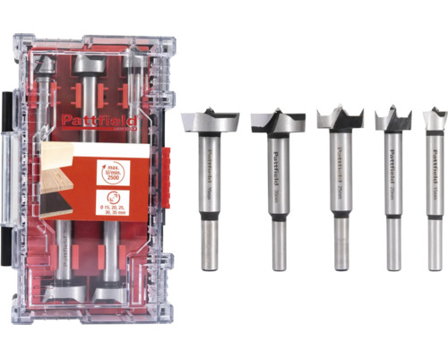 Pattfield Forstnerborr set med olika storlekar i förvaringslåda